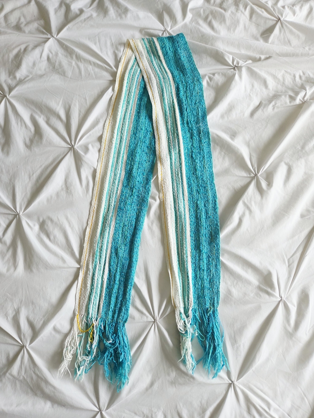 Vintage Y2K Skinny Aqua Gold & White Fringe Knit Scarf Stripes Boho